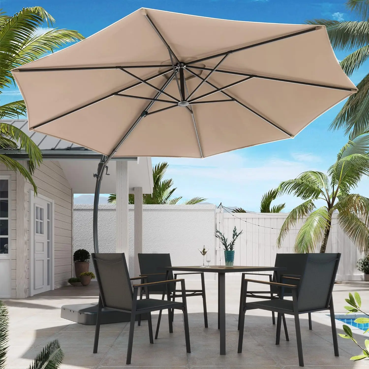 Outdoor Patio Umbrella with Base included, 11 FT Deluxe Curvy Cantilever Umbrella with 360° Rotation