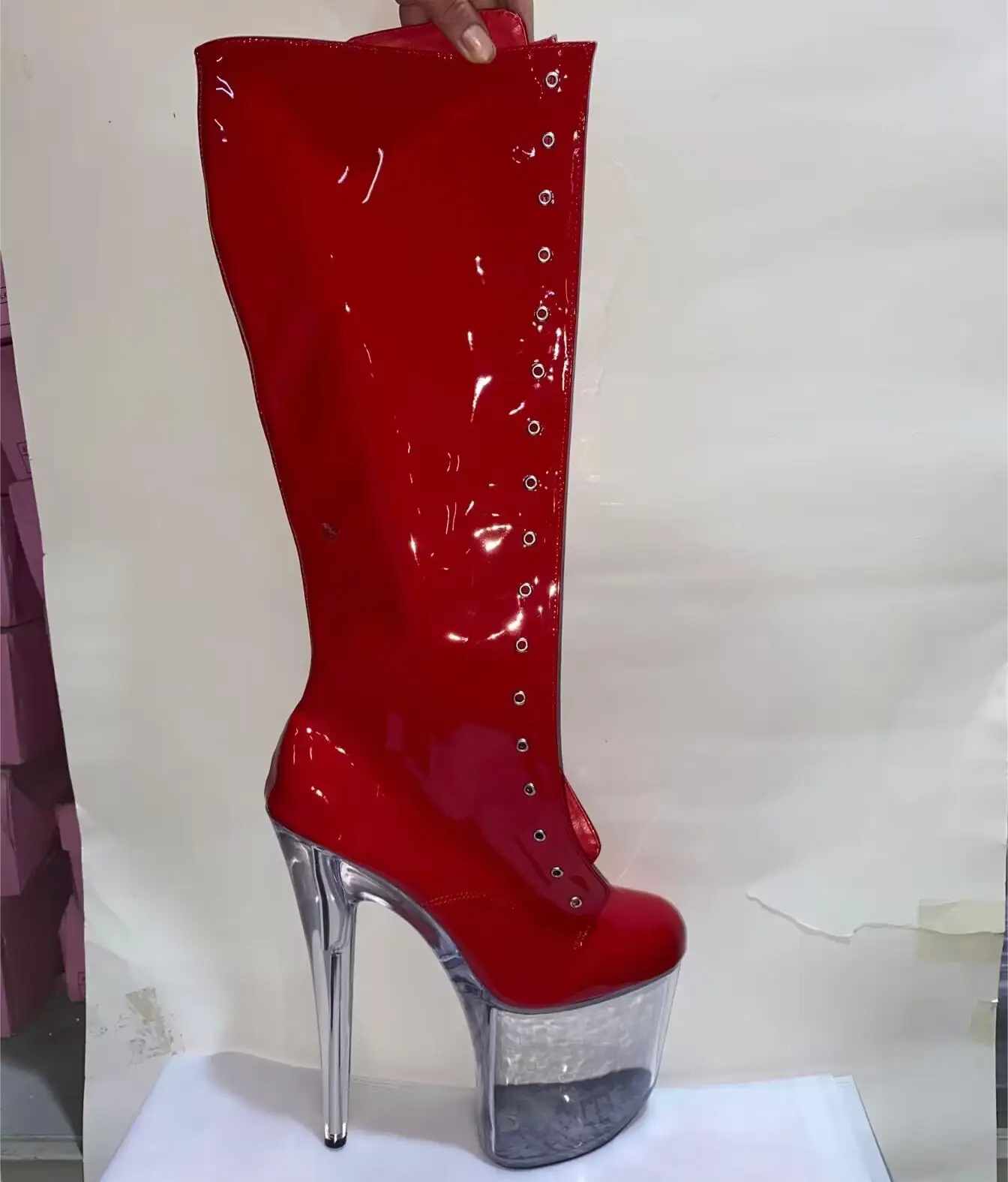 

8 "high heels, PU leather ladies knee boots, 20 cm sexy gorgeous lace-up transparent sole, middle dance shoes
