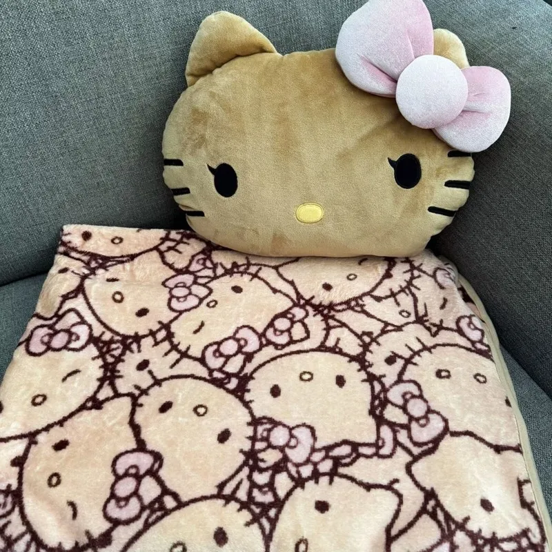 Cartoon Hello Kitty Black Leather Bow Plush Pillow Blanket Kawaii Portable Throw Blanket Sofa Cushion Ornament Gift