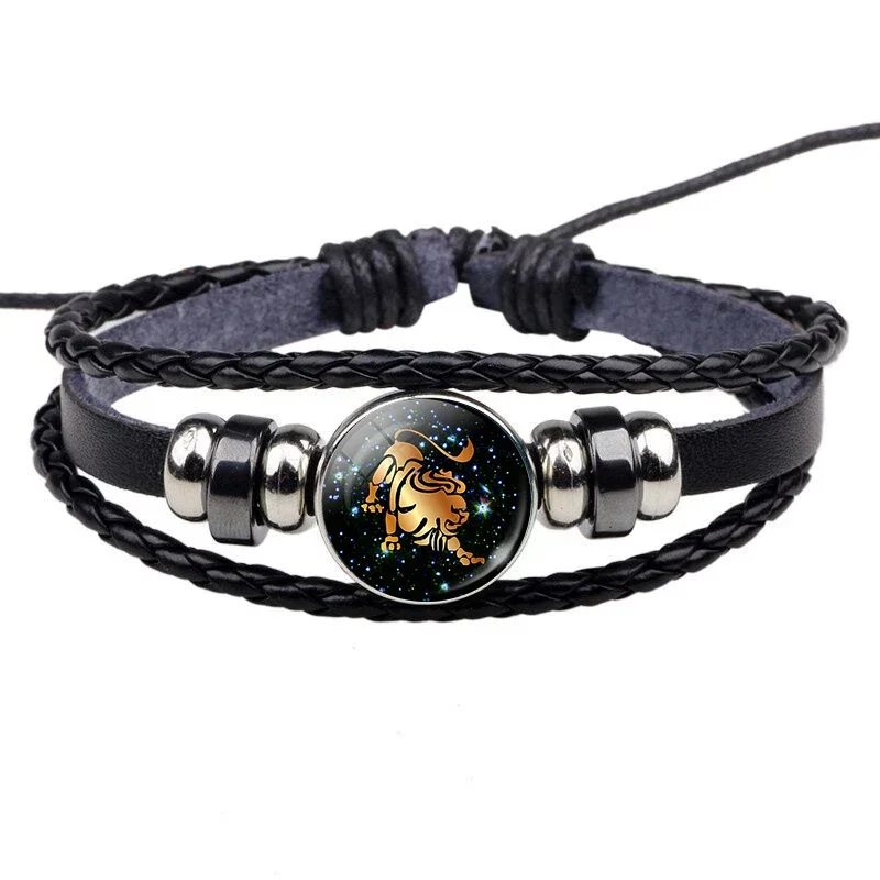 12 Constellation Leather Bracelet Zodiac Sign Handmade Glass Cabochon Black Punk Mens Jewelry Horoscope Astrology Birthday Gift bracelet jewelry