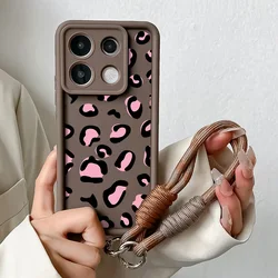 Pink Leopard Print Phone Case With Wrist Chain and Lanyard Cover for Xiaomi Poco X6 (J91-Coffee-SS)