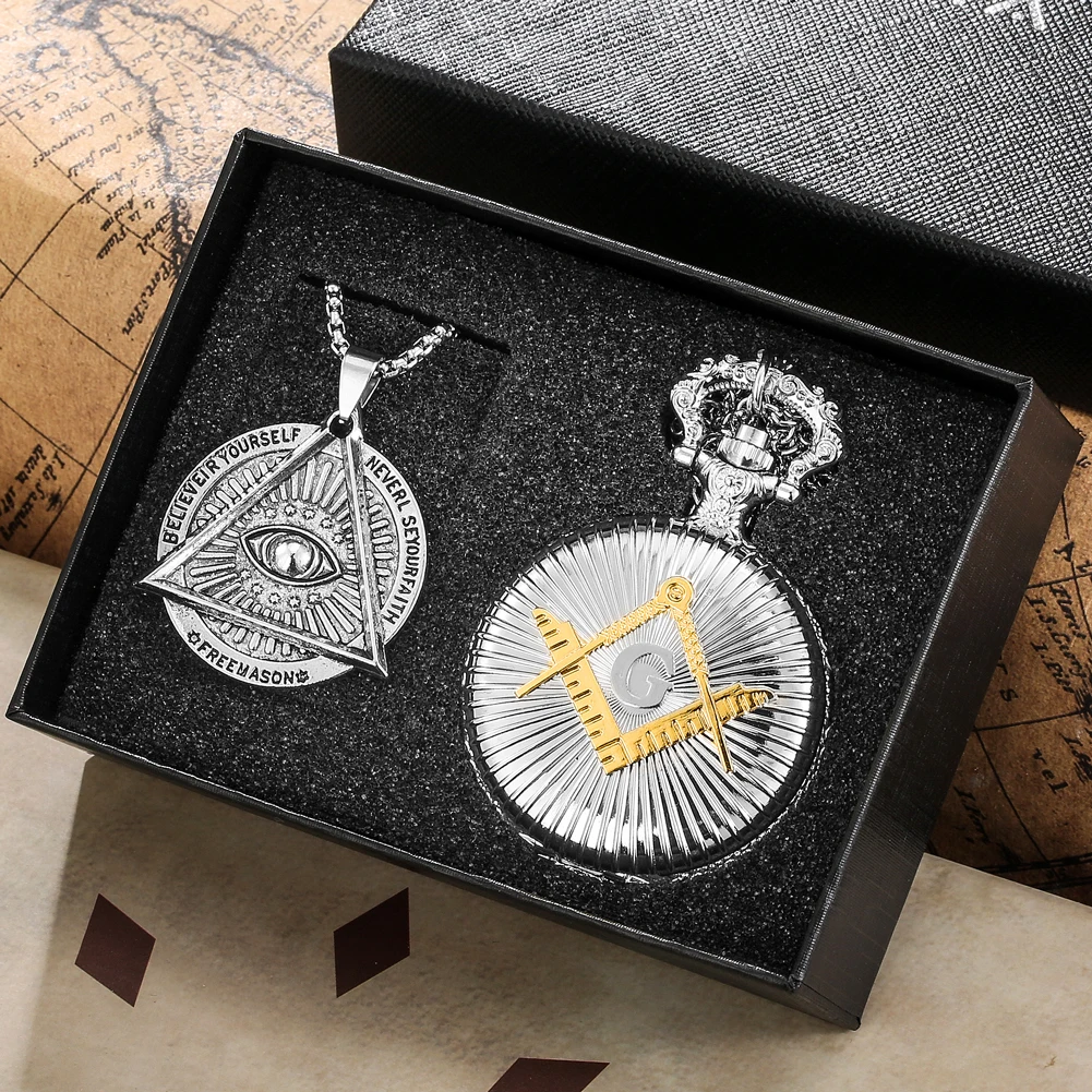 Masonic Accessories Gift Set Pocket Fob Watches for Men Fashion Sweater Quartz Chain Clock Freemasonry Pendant Watch Best Gifts