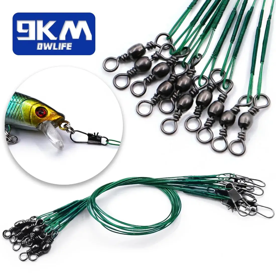 9KMFishingLeadersLineStainlessSteelWirewithSwivelsSnapConnect