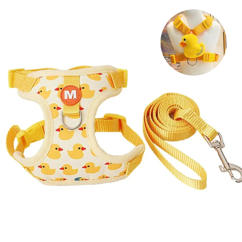 

Pet Harness Vest With Leash Cartoon Yellow Duck Step-in Chest Strap Adjustable Buckle Small Dog Walking Lead Puppy Cat Harness