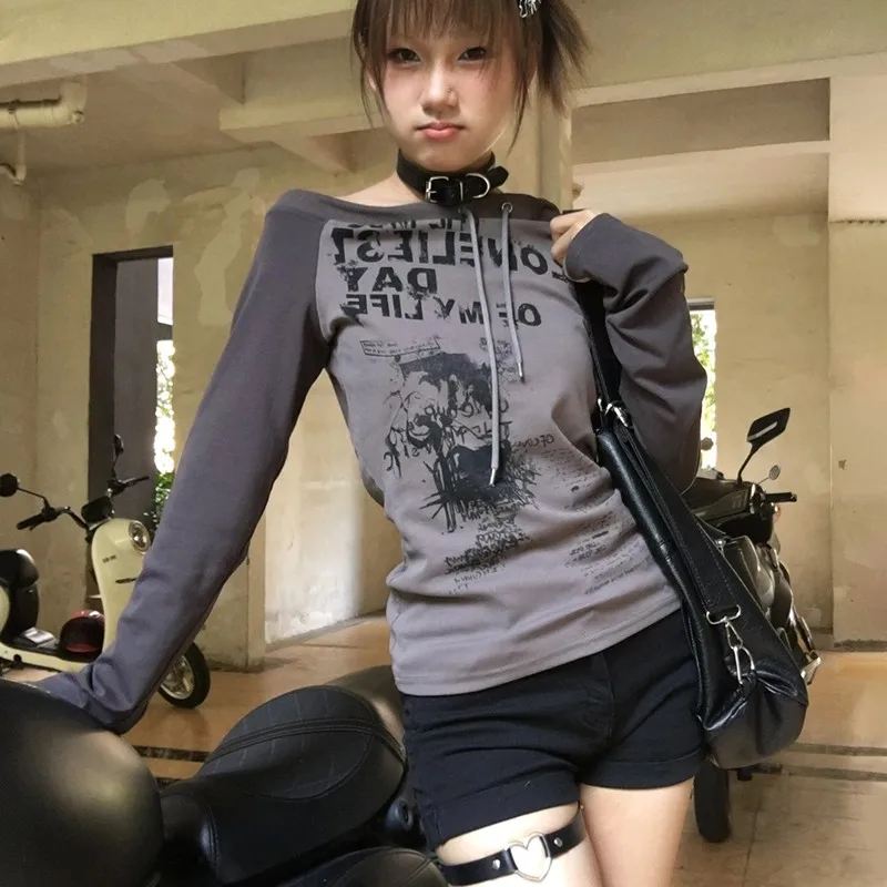 ★OROGEE★VINTAGE OLD CAR T-SHIRTS★Melange Grey★韓国★人気 Karrram Japanese Y2k Off Shoulder T-shirt Grunge Aesthetics
