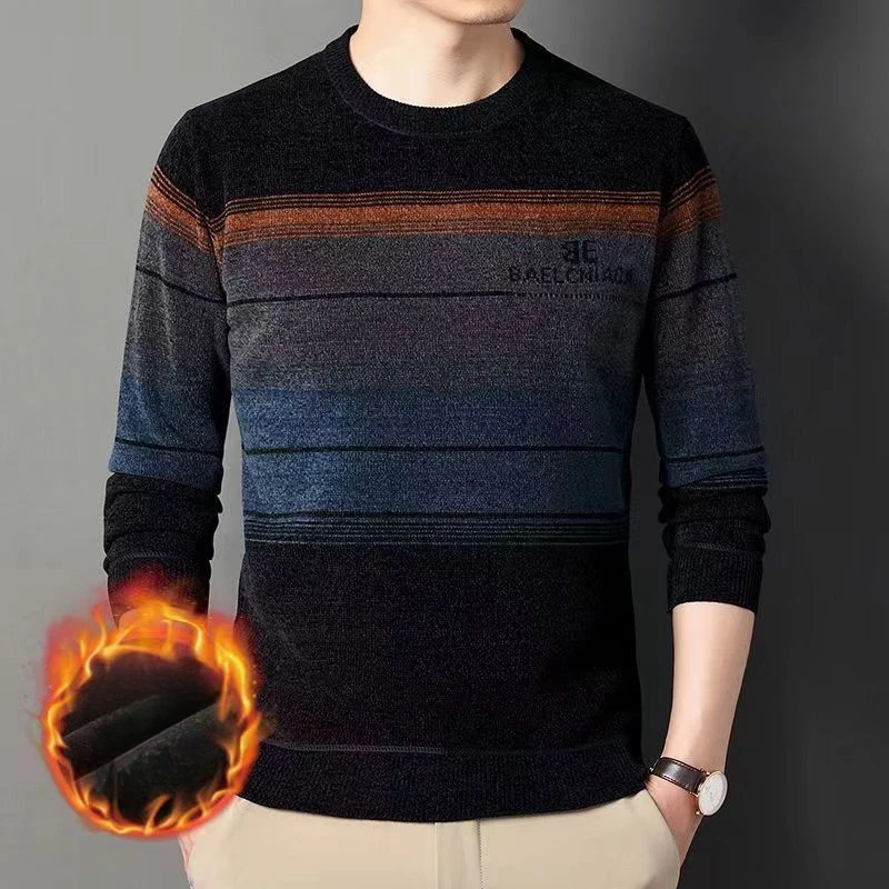 Thicken Winter Thermal Men Plus Fleece Sweater Loose Round Neck Long Sleeve Printing Stripe Contrast Color Pullover Knitted Tops 2