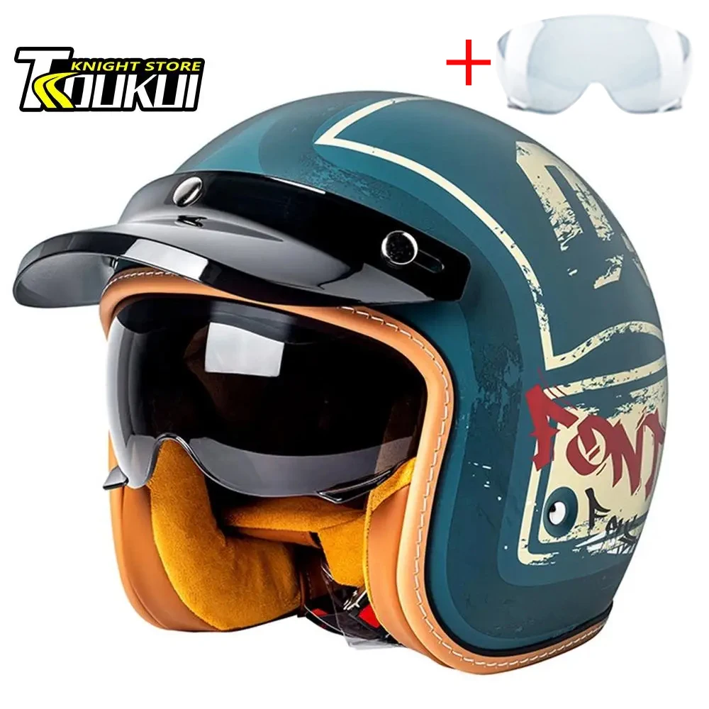 Helmet Motorcycle 3/4 Open Face Helmet Men Women Retro Helmet DOT Certification Moto Helmet Half Face Four Seasons Breathable