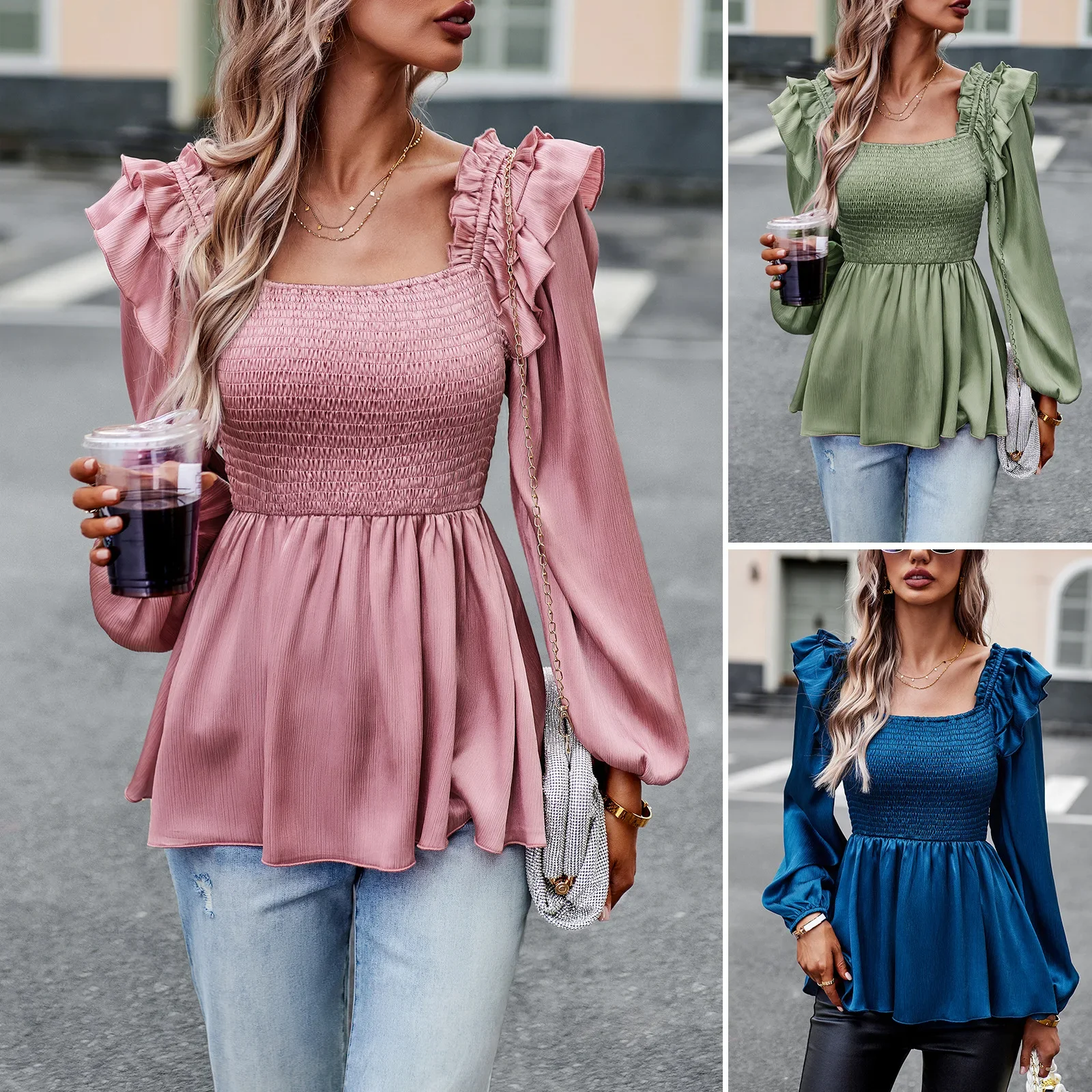 

Solid Blouse Woman Autumn Puff Sleeve Shirt Women Tops Square Collar Korean Tyle Blouses Female Shirts Temperament Commuter Top