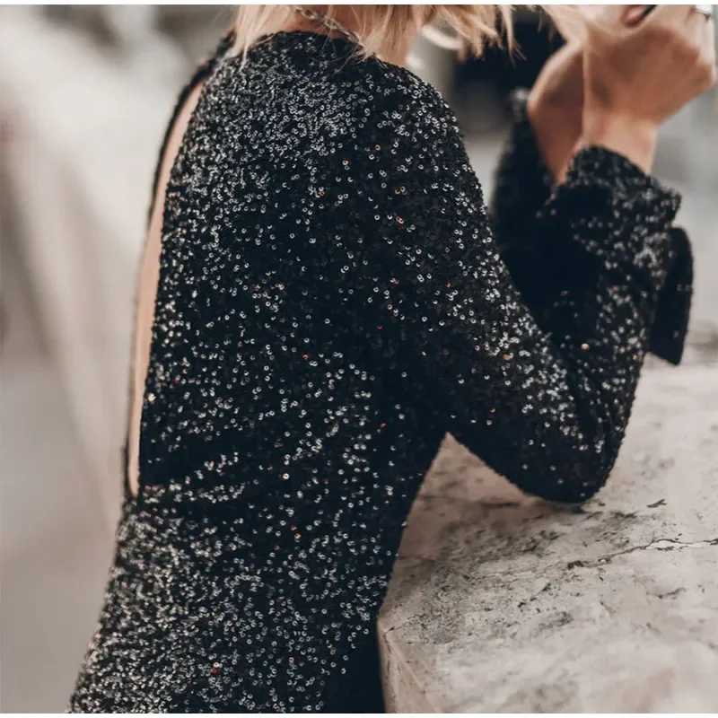 Fashion Sequin Backless Mini Dress For Women Shiny Slim Luxury Elegant Party Dress Evening Partywear Glitter Ladies Dress