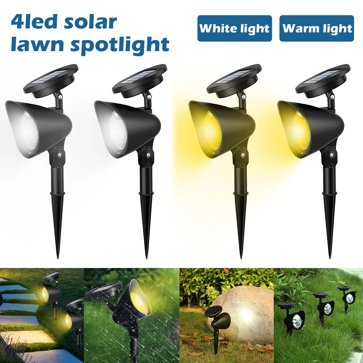 2Pcs Solar Spot Light White/ Warm Light Solar Light Outdoor IP65 Waterproof Auto On/Off Lawn Light Bright Landscape Decoration