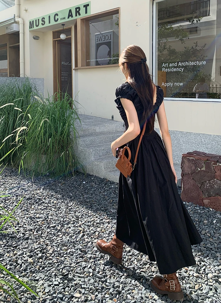 Casual Solid Midi Dresses for Women Korean Chic V-neck Backless High Waist Puff Sleeve A-line Party Dress Summer Vestidos Mujer