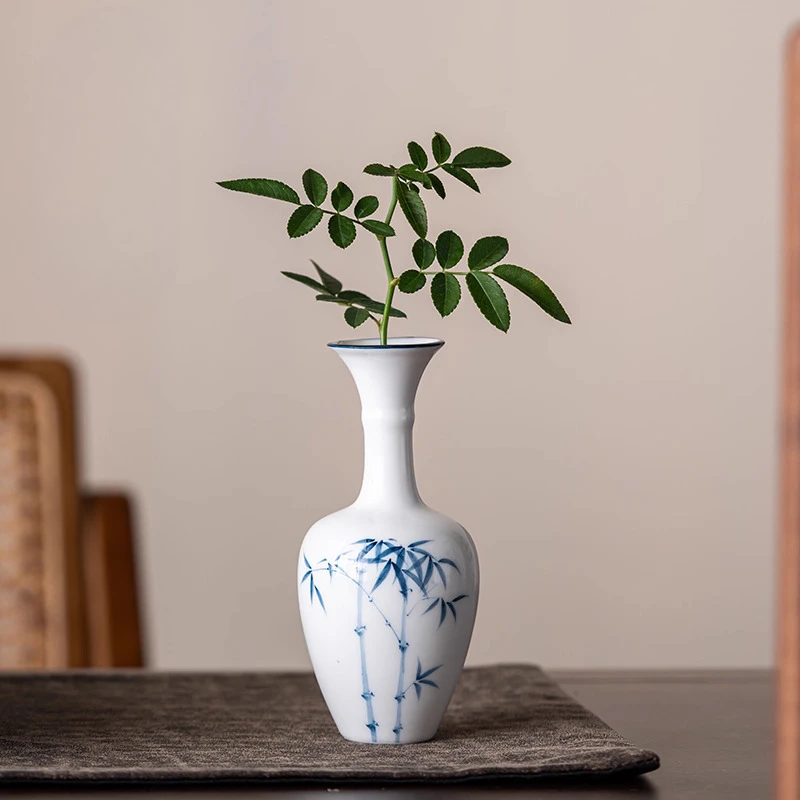 Nordic Ceramic White Porcelain Hand-painted Blue Bamboo Small Vase Home Dining Table Living Room Decoration Floral Ornament, 1Pc