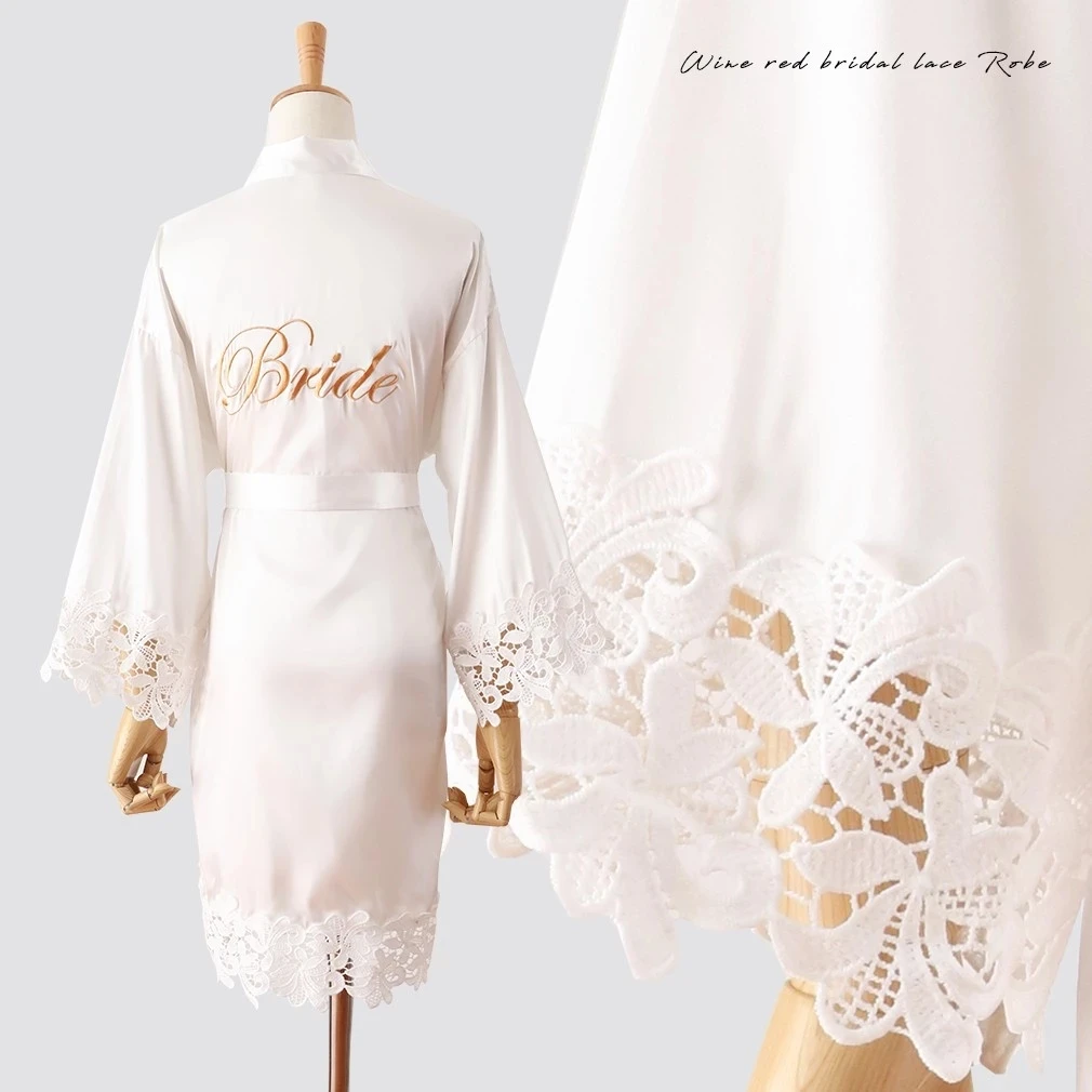 

Summer Lace Sleepwear Wedding Robe Gown Bride Bridemaid Solid Embroidery Kimono Bathrobe Women Casual Home Night Dress M L Xl