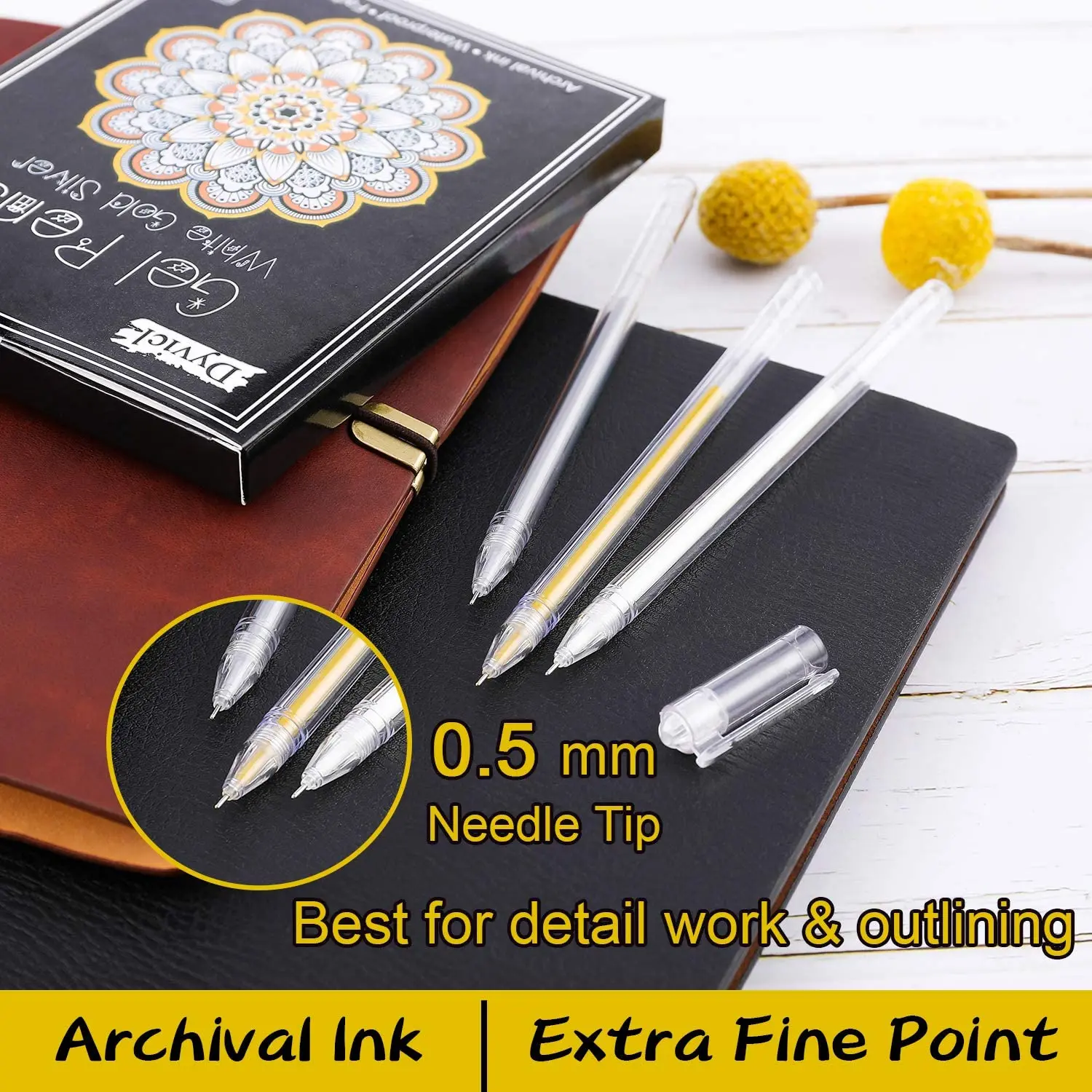 Premium White Gel Pen Set 0.6mm Fine Tip Sketching Pens for Artists Black  Papers