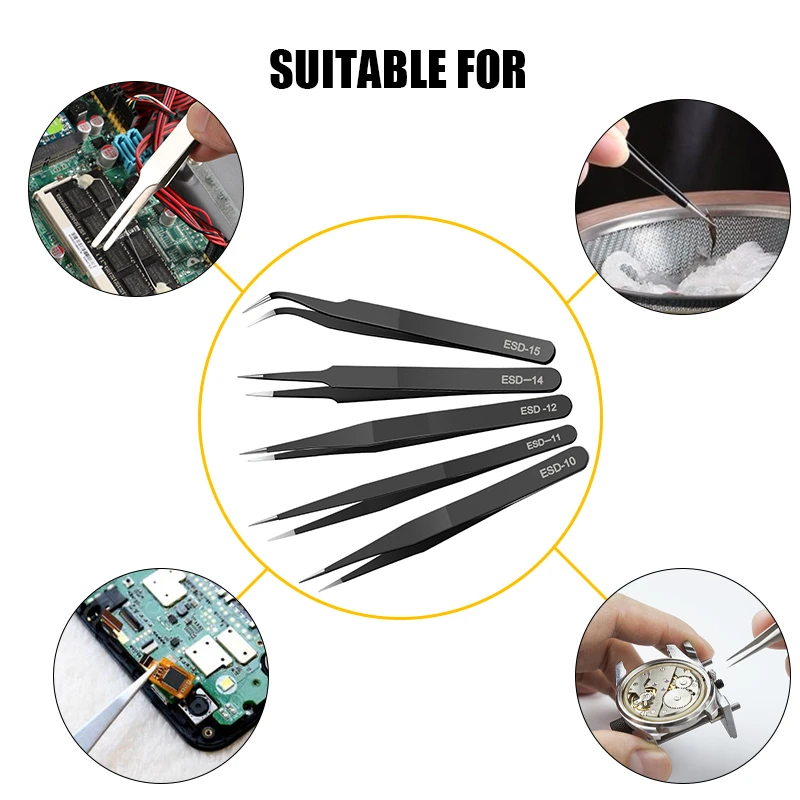 ESD Anti-Static Precision Tweezers Stainless Steel Professional Industrial Vacuum Medical Electronic Tweezers Set Repair Tools