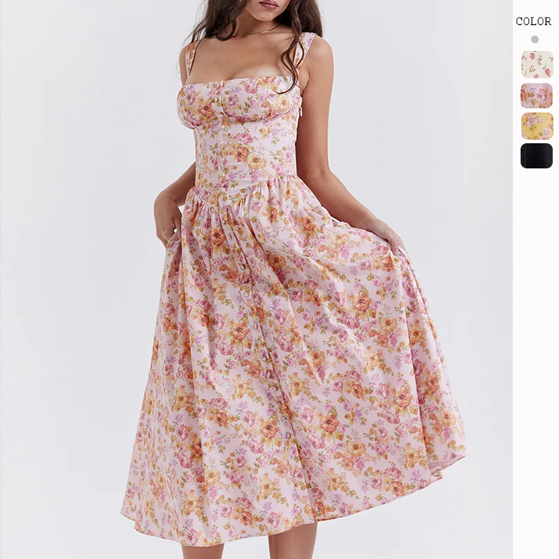 

High Quality 2024 Sexy Women Clothes Female Button Print Style Dress Beautiful Pleated Skirt Spring Summer Traf Y2ak Party Girl