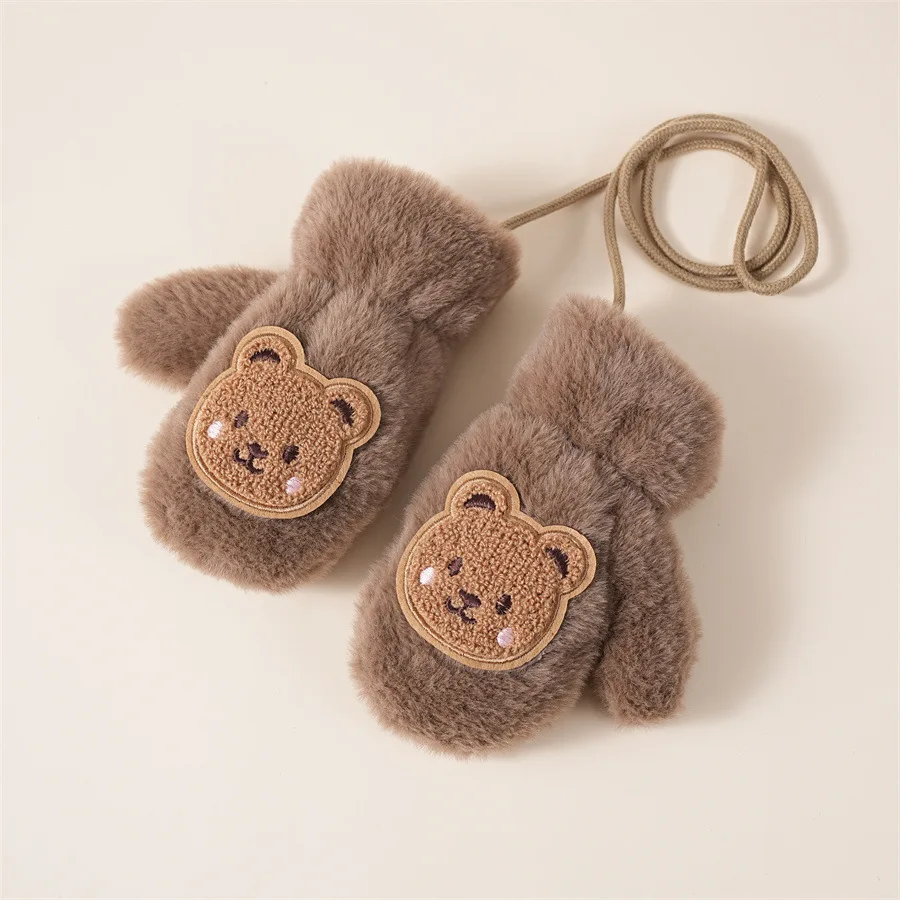 Winter Kids Plush Gloves with Hanging Neck Rope Cute Bear Mittens Soft Faux Fur Fingerless Glove 2-5Year Children Hand Warmer