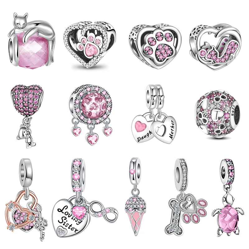 

925 Silver Pink Collection Cat Paw Heart Bear Ice Cream Beads Fit Pandora Original Charms Bracelets Women Gift Jewelry Making