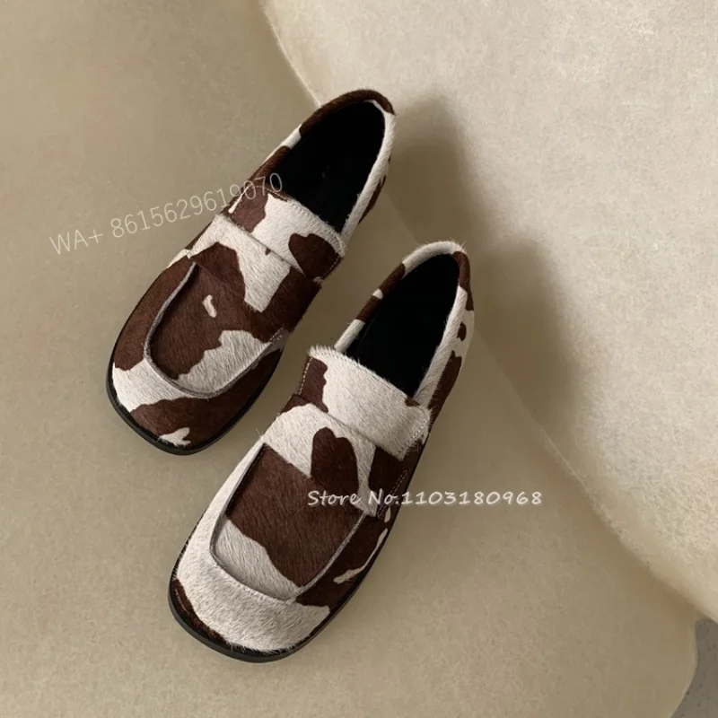

2023 New Retro Dairy Cow Pattern Loafers Woman Square Toe College Style Mixed Colors Slip On Pumps Low Heels Casual Dress Shoes