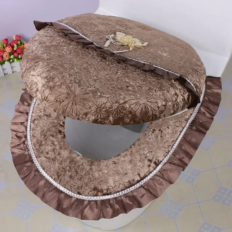 Gold Velvet Thicken Toilet Seat Cushion Zipper Design Waterproof Toilet Mat Solid Color Seat Cover Autumn Winter 2 Pc/Set