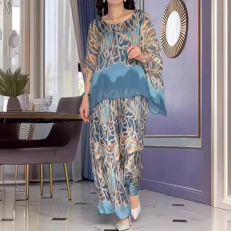 

Женский Повседневный костюм в стиле пэчворк, комплект из 2 предметов, винтажный Свободный Топ с круглым вырезом и рукавами «летучая мышь» и длинные брюки с принтом