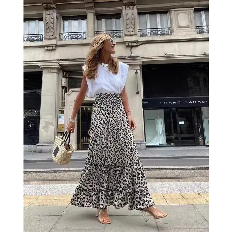 Fashion Leopard Print Skirt for Women New Summer Big Swing Skirt High Waist A-line Long Skirts 8679