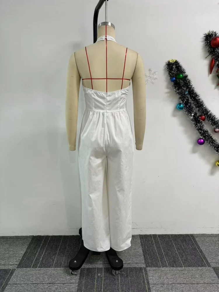 Wmstar Jumpsuit Women 2025 Wholesale Elegant Halterneck V Neck Backless Bodycon Solid Color Wide Leg Romper Drop Shopping