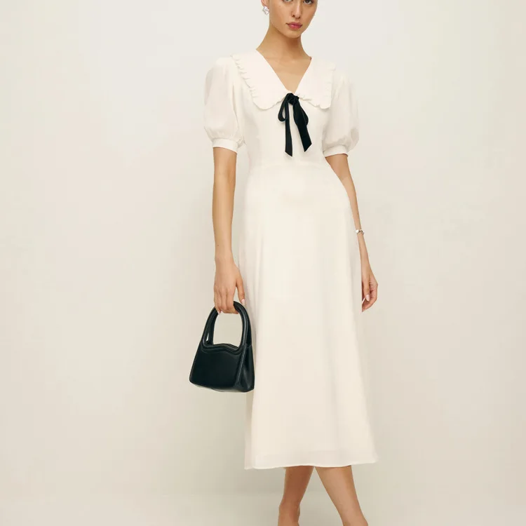 Ruffled White Elegant Long Dress Women's V-Neck Lace-Up Short Sleeve High Waist Patchwork Party Dress Ladies Maxi Dress