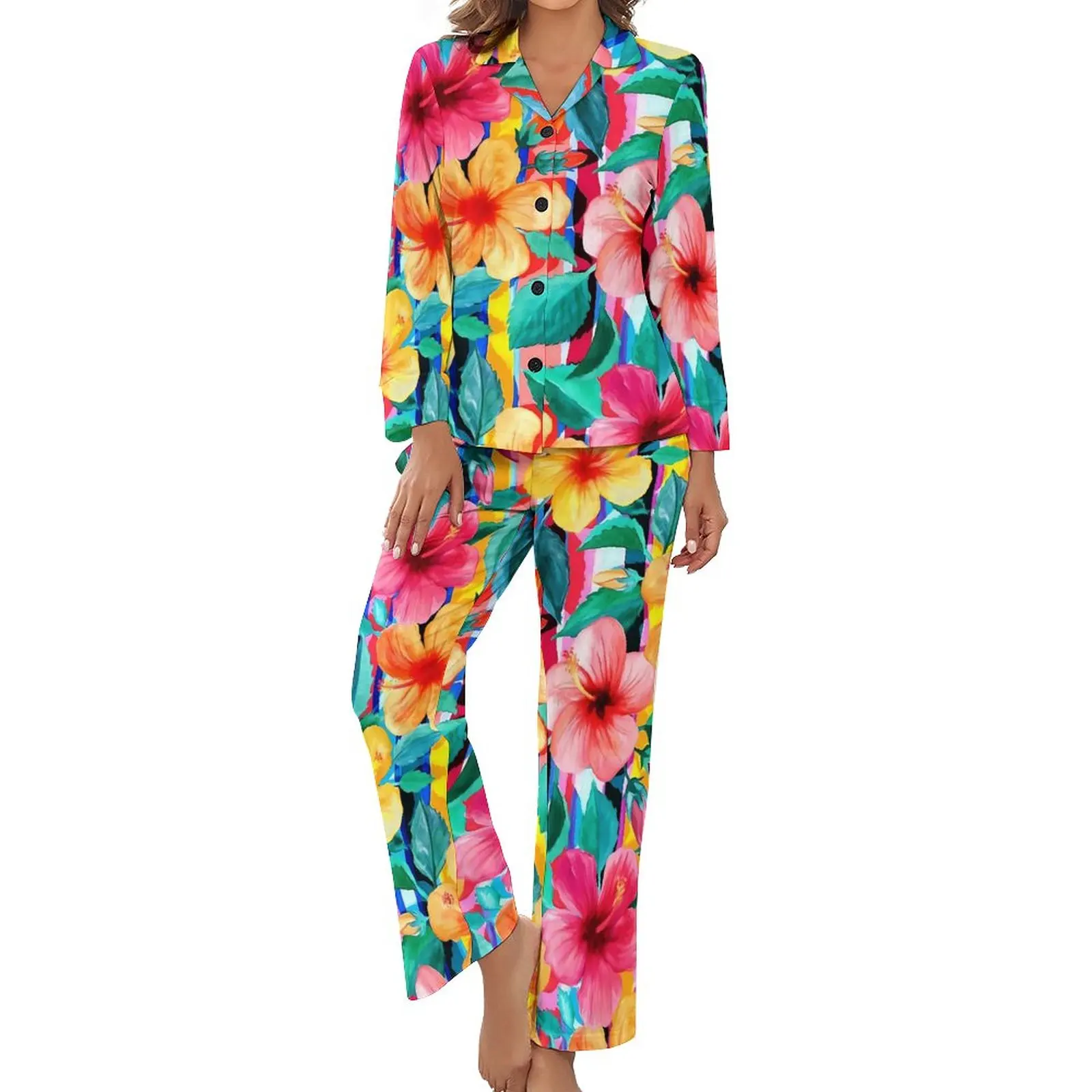 Floral with Stripes Pajamas Women Hawaiian Hibiscus Cute Nightwear