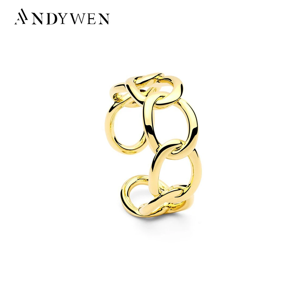 

ANDYWEN 925 Sterling Silver Gold Twist Chain Resizable Rings Geometric Irregular DAINTY CHAIN RING Big Circle Fine Jewelry