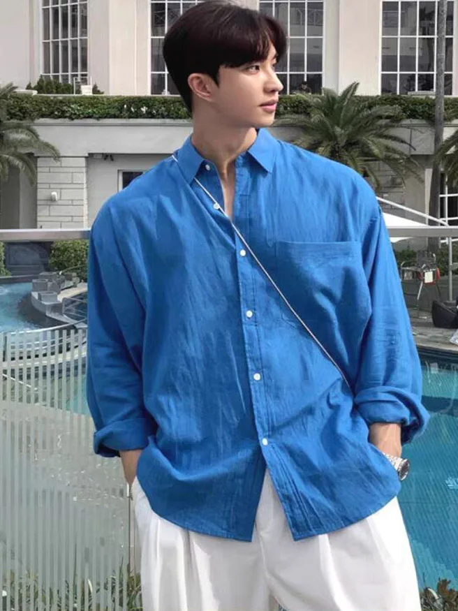 Blue Linen Men's irt Loose Fit Thin Long Sve Sun Protection Open Cardigan Collar Cotton Linen Workwear irt Lazy Sle