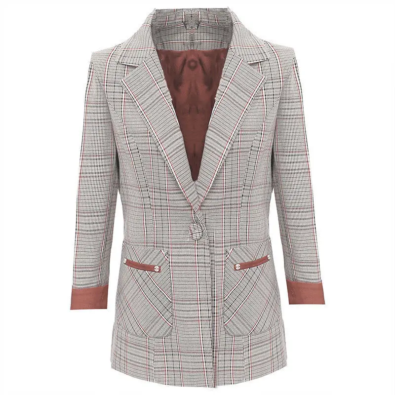 

2022 Spring Autumn Women Small Plaid Button Small Suit Top Female Temperament Small Fragrance Coat Ladies Red Plaid Suit A1159