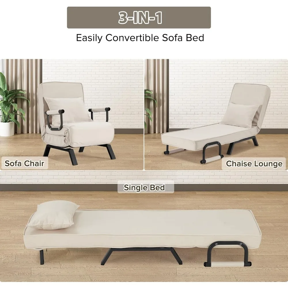 Convertible Single Person Sofa Bed with Adjustable Chaise Lounge and Folding Armchair, featuring Pillow and 5 Settings