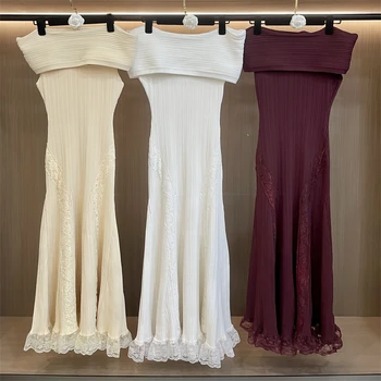 High-quality summer new women's off-shoulder embroidered lace dress, fashionable high-street resort slim-fit knitted midi skirt 1