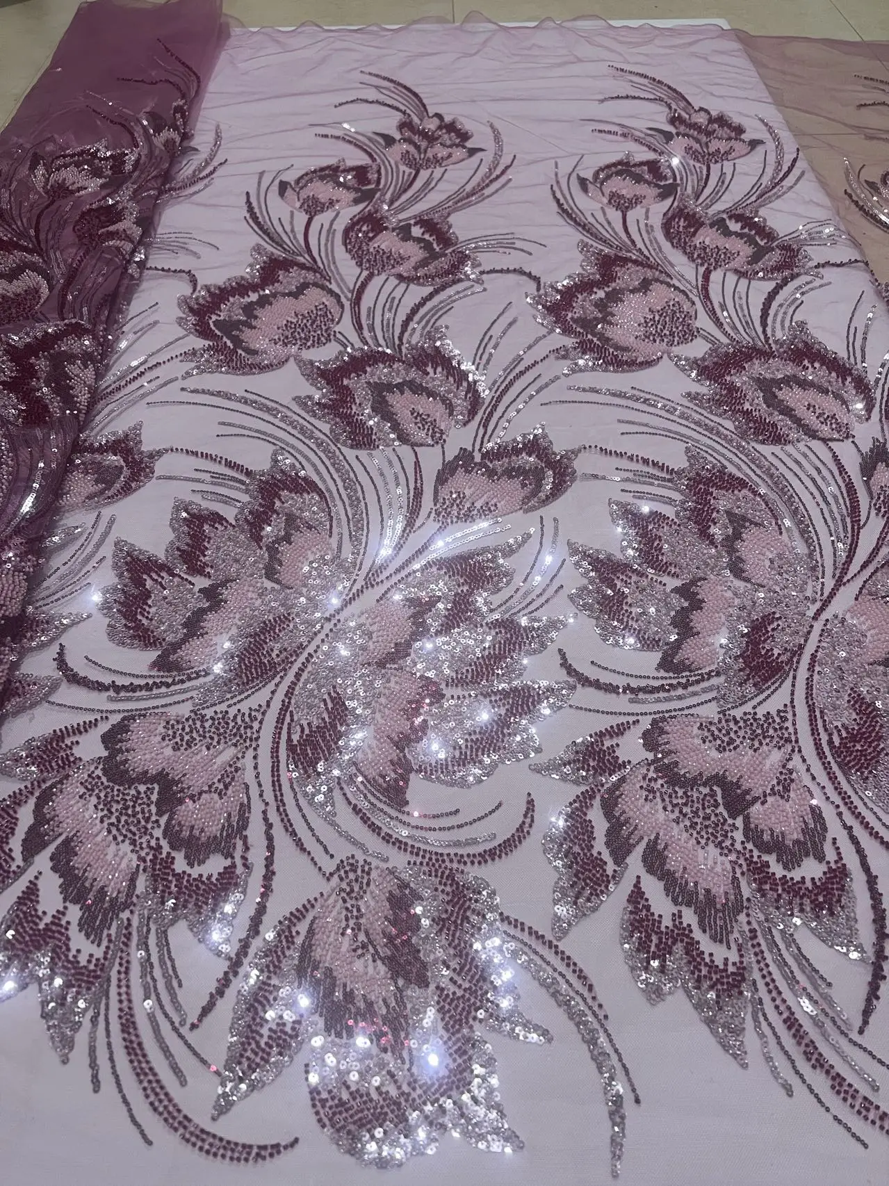 African Beads Lace Fabrics Sequin Lace Fabric 5 Yards For Woman Nigerian Wedding Dress