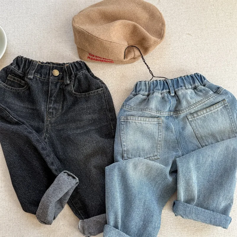 2026 새로운 소년 소녀 한국 스타일 청바지 봄 가을 탄성 허리 블루 블랙 데님 바지 하렘 바지 아동 의류 A6505
