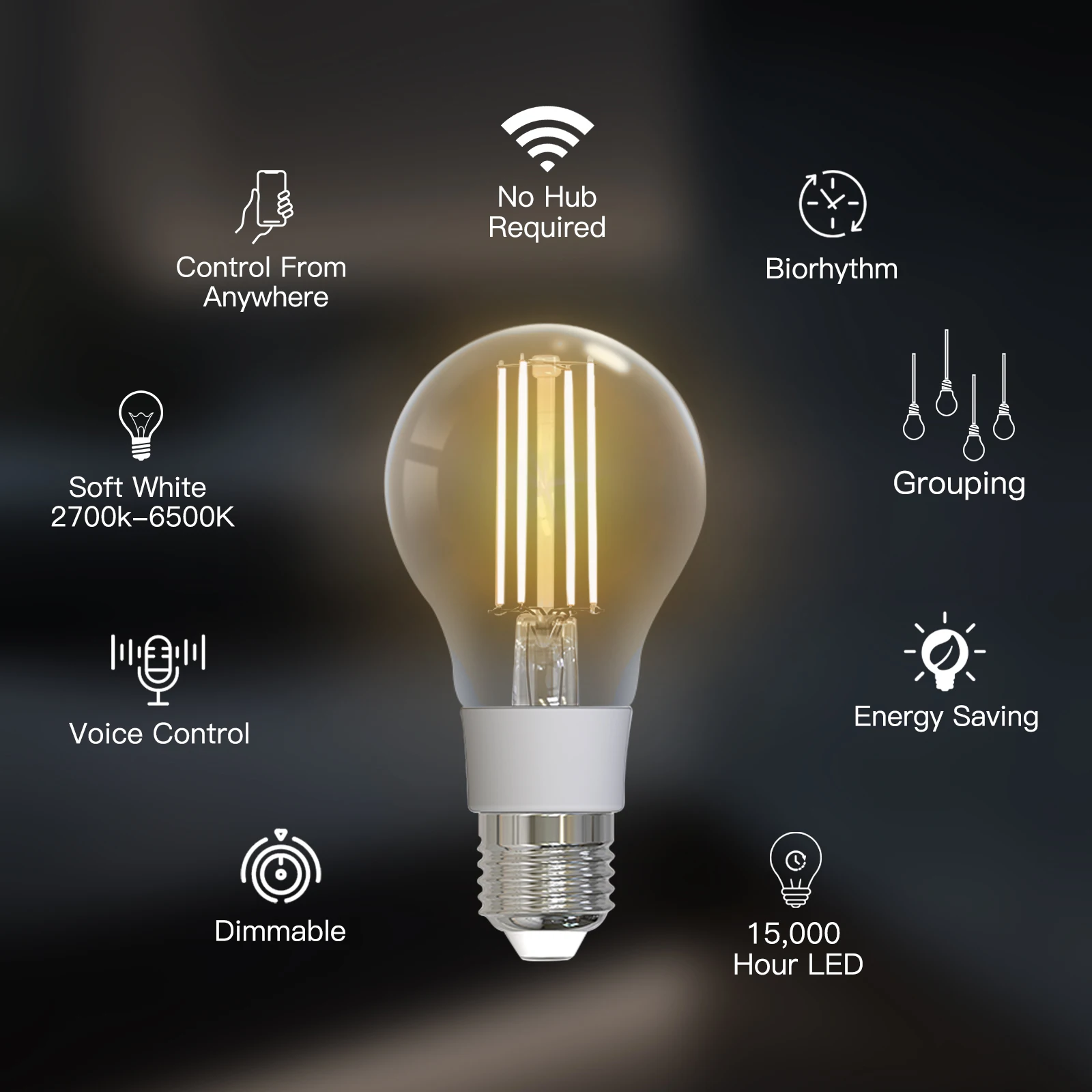 Smart LED Lamp MOES WiFi Smart Filament Bulb LED Light E27 Dimmable 2700K-6500K 806Lm Tuya Alexa Google Voice Control 90-250V 7W