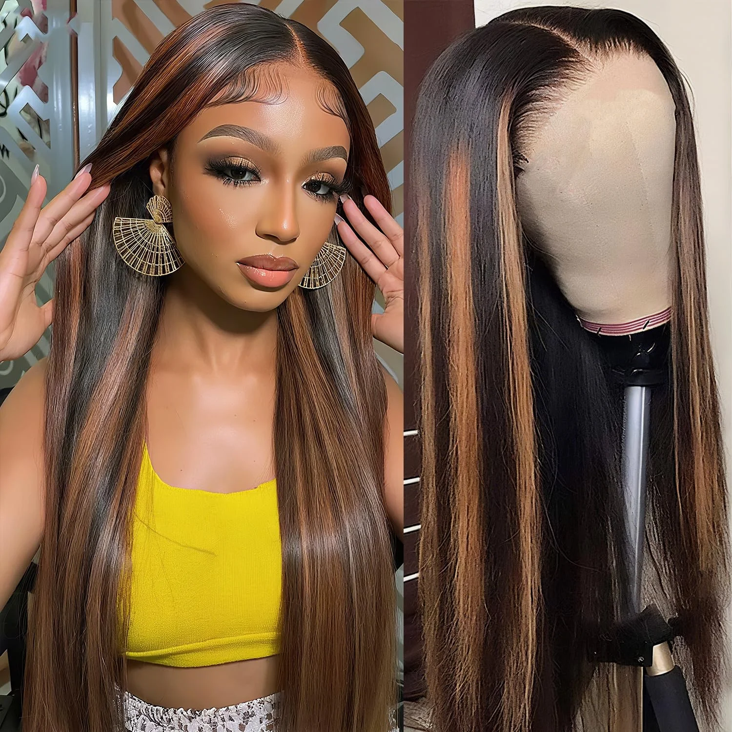 1B/30 Bone Straight 46 Inch Human Hair Wigs 13x4 13x6 HD Lace Front Wig 200% Density 1b30 Highlight Pre-plucked Hair Wigs 1