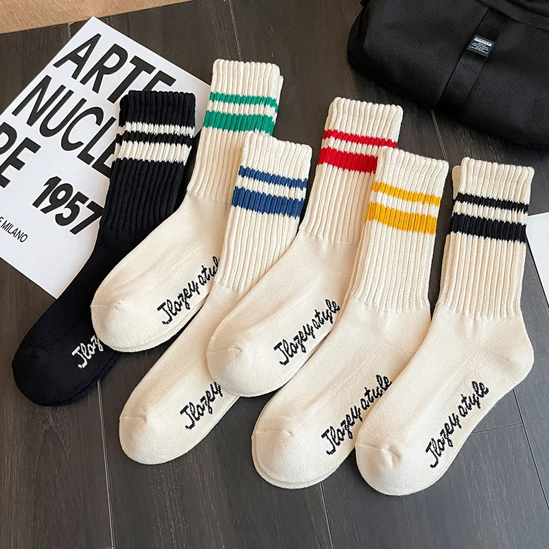 

Korea Fashion White Retro Socks Men Stripe Street Hip Hop Skateboard Cotton Socks Breathable Harajuku Calceines