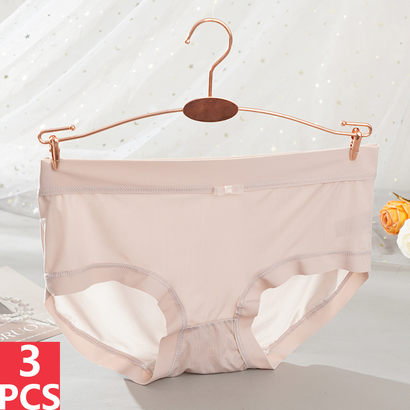 3PCS Women Ultrathin Briefs Ice Silk Quick Drying Panties Female Comfortable Intimates Women Solid Color Seamless Brief