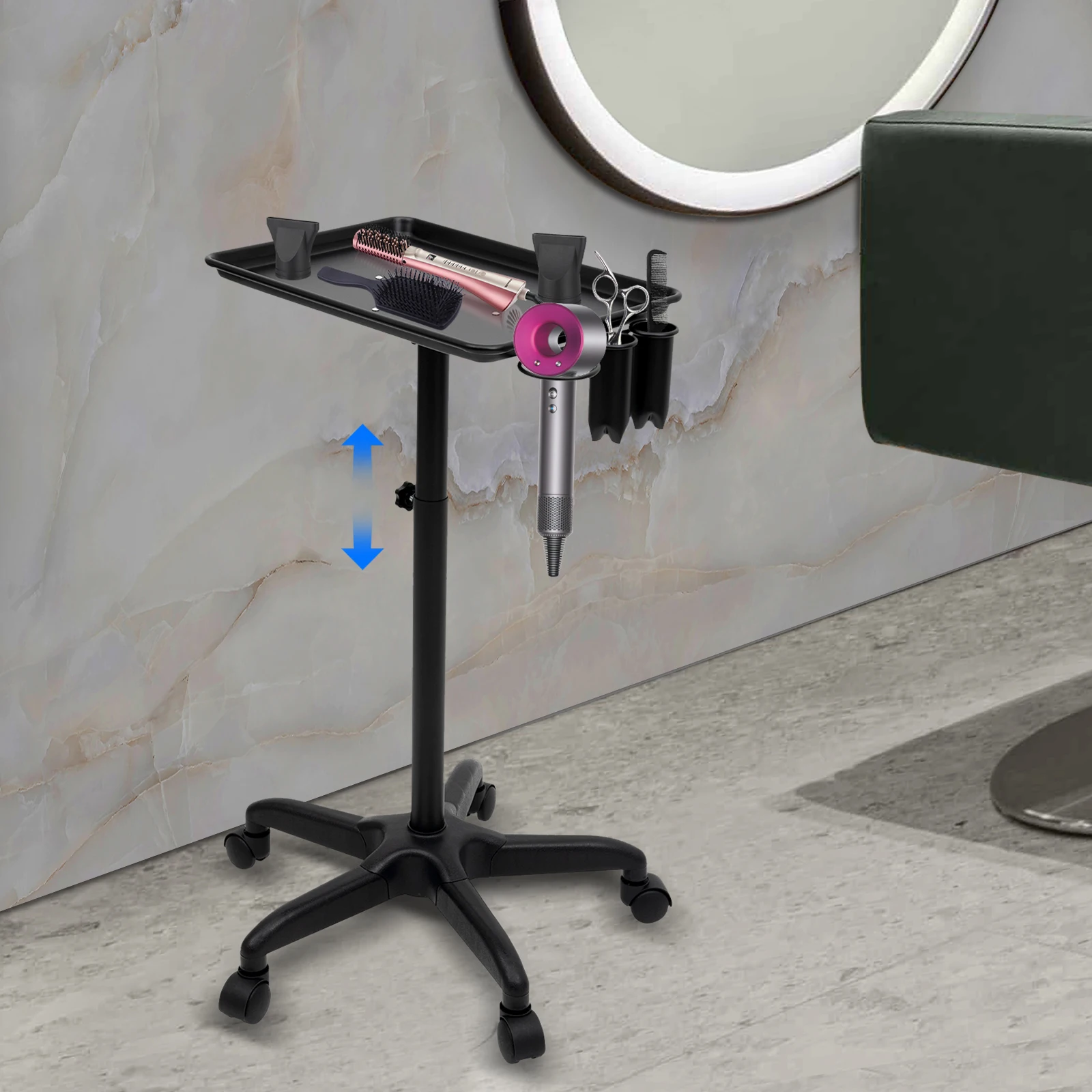 Salon Trolley Adjustable Height Hairdressing Cart Rolling Wheels Aluminum Alloy Tool Tray Salon Trolley for Barber Shop Beauty
