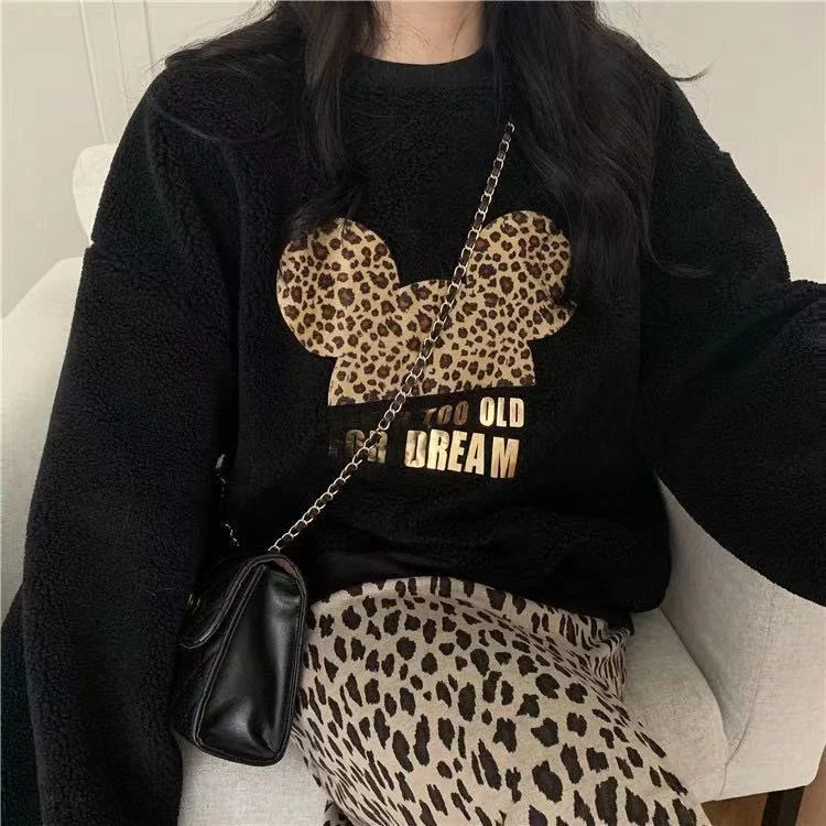 

Spring Women Fleece Hoodies Cartoon Print Sweatshirt Warm Thick Lambswool Loose Top Harajuku Vintage Oversized Teens Pullover