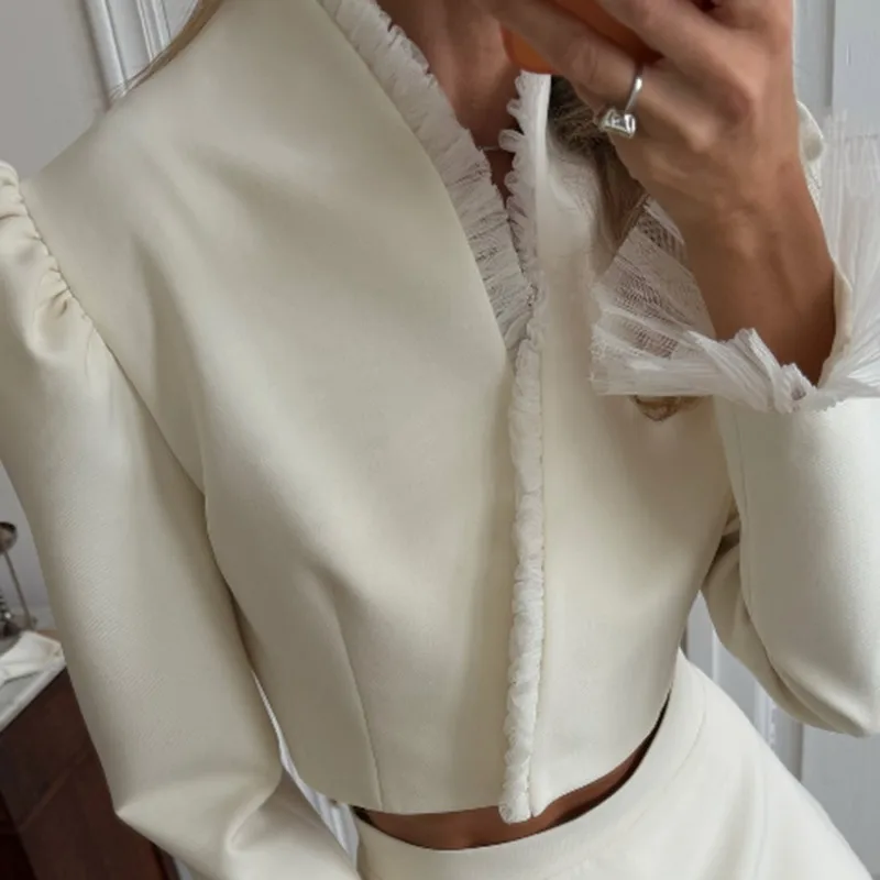 Mesh Women's Two Piece Set Puff Sleeve V Neck Blazer Mesh Suit Skirt Suit Set Daily Commuter Outfit 2026 Summer Style 2