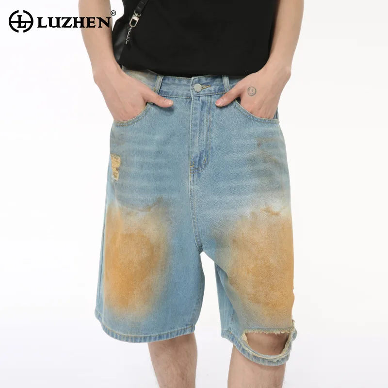

LUZHEN Summer Trendy Men Color Contrast Washed Denim Shorts 2024 New Stylish Street Broken Hole Design Five-pointed Jeans LZ4224