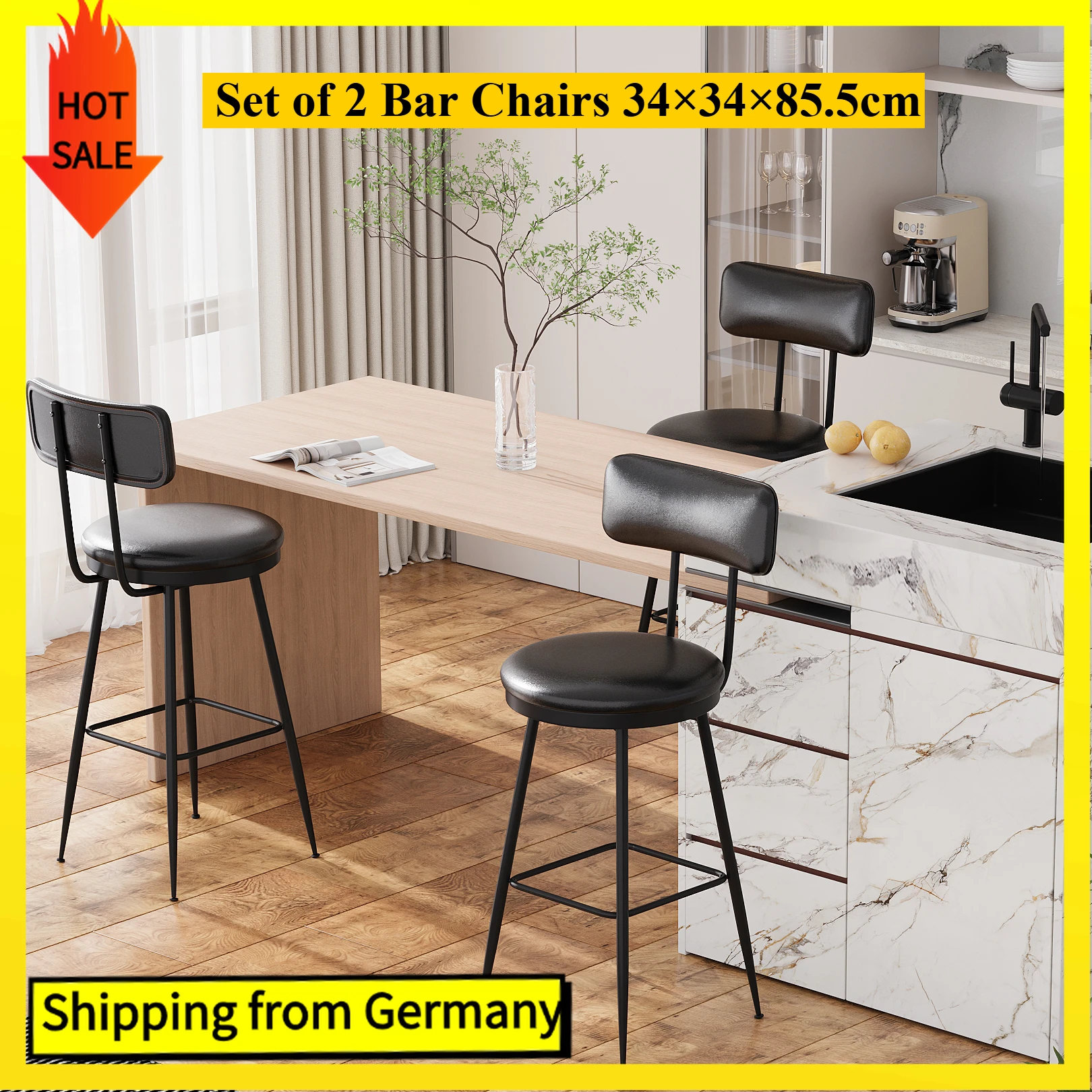 Comanlai Set of 2 Bar Chairs with High Back,Bar Stools with Metal Legs,Kitchen Chair,High Chair for Bar,Bistro,PU Leather,Black