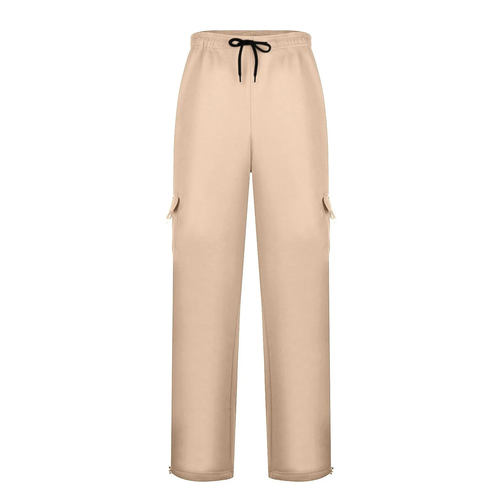 Men Pants Autumn Winter Fleece Sweatpant Casual Multi-pocket Loose Straight-leg Overalls Solid Color Thick
