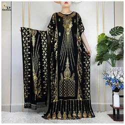 2023 New Muslim Summer Short Sleeve Robe Gold Stamping Boubou Maxi Women Femme Loose Dress With Big Scarf African Abaya Clothes