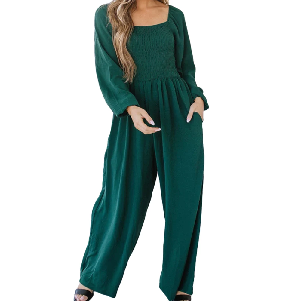 

Party Daily Jumpsuit Jumpsuit Long Sleeve Neck High Waist Pullover Solid Puff Sleeve Temperament Wide Leg Playsuit