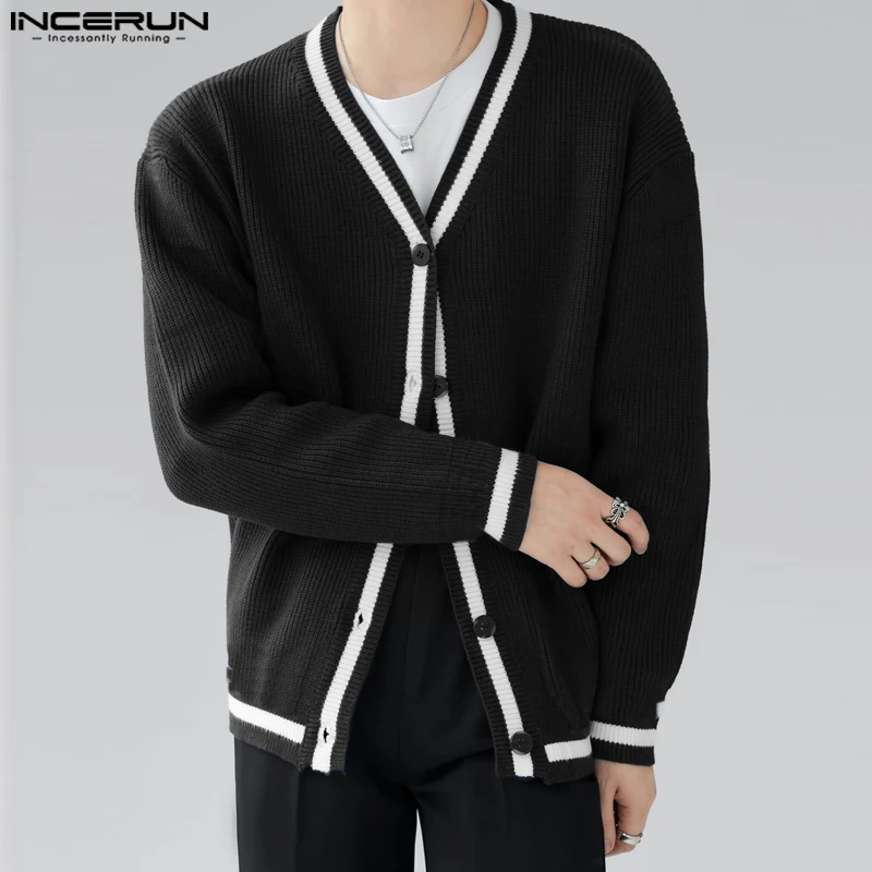 

Stylish Casual Style Tops INCERUN New Mens Knitted Patchwork Shirts Simple Comfortable V-neck Long Sleeved Cardigan Blouse S-5XL