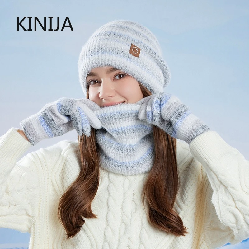 Bonnet d'hiver gants écharpe ensemble femmes dégradé couleur tricoté chapeau épaissi polaire doublure Skullcap plein air cyclisme coupe-vent bonnets